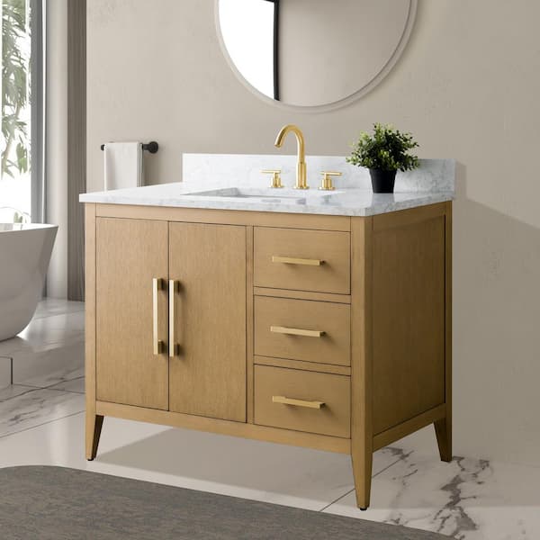 42 in. W x 22 in. D x 34 in. H Single-Sink Bathroom Vanity in Natural Oak with Engineered Marble Top in Arabescato White
