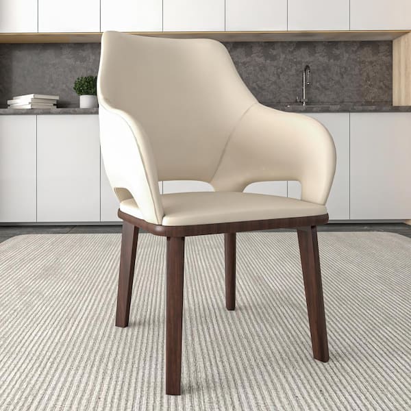 Dining Chair Upholstered in Leather with Rubberwood Base Vivara Set of 2 in Light Toupe
