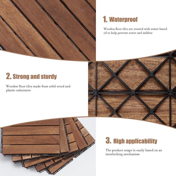 12 in. x 12 in. Striped Pattern Outdoor Acacia Wood Interlocking Deck Tiles in Brown (10-Pieces)