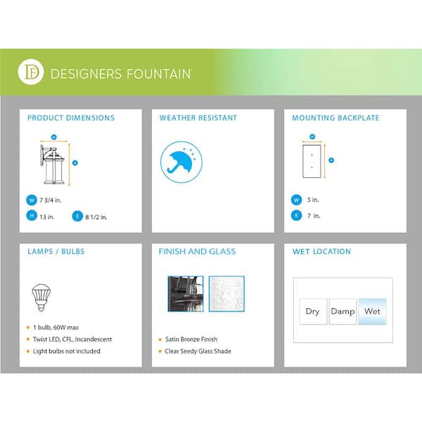 Designers Fountain - Stonyridge 13 in. Satin Bronze 1-Light Outdoor Line Voltage Wall Sconce with No Bulb Included