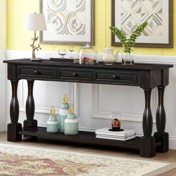 Wetiny 64 2 In Black Console Table, Black Hallway Side Table