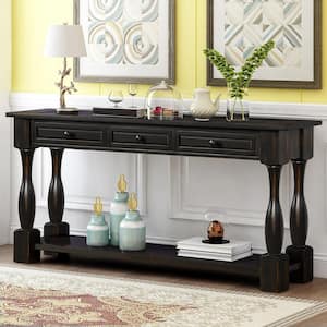 65 in. Distressed Black Standard Rectangle Wood Console Table with Drawers