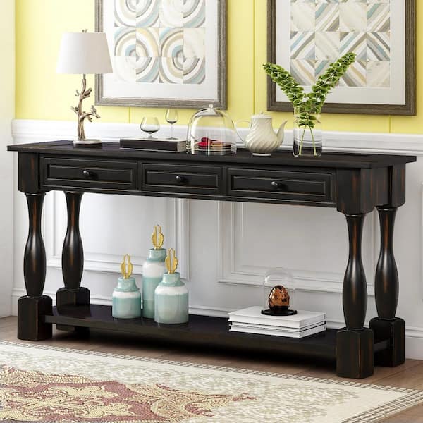 Harper & Bright Designs 65 in. Espresso Standard Rectangle Wood Console Table with Drawers