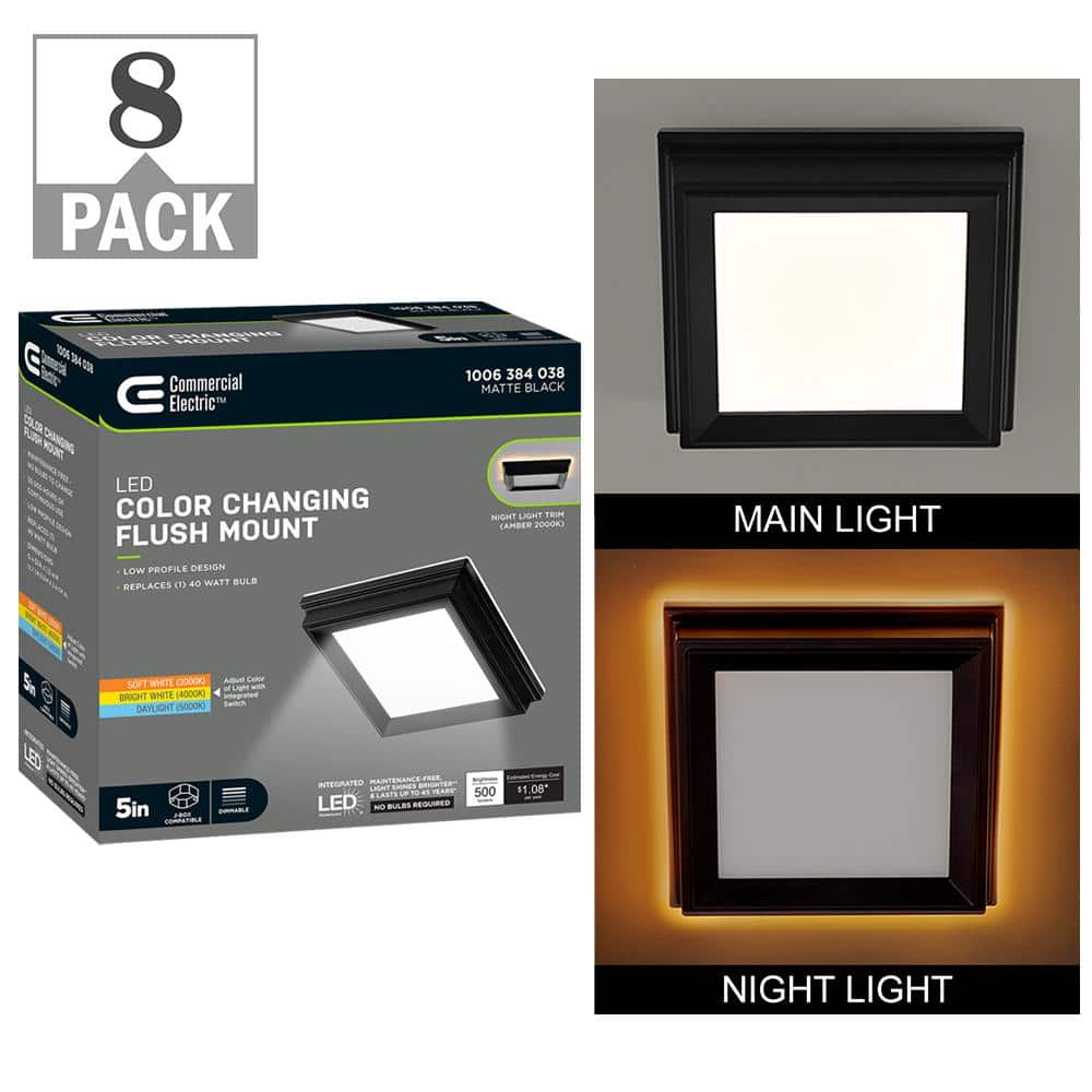 Low Profile 5 in. Matte Black Square LED Flush Mount with Night Light Featu