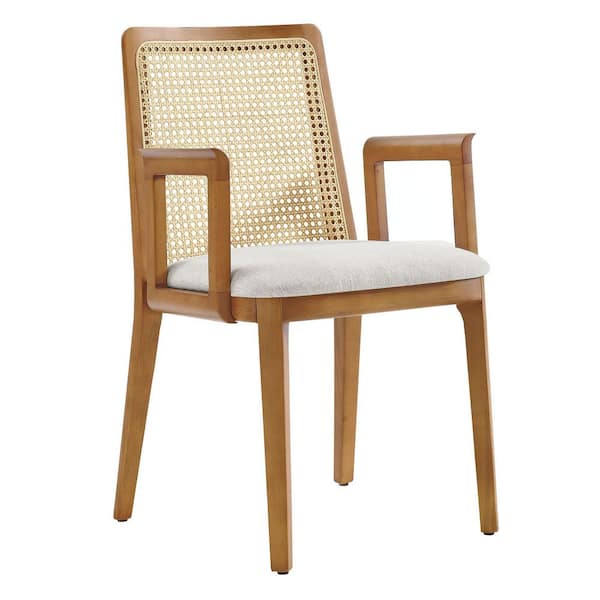 MODWAY Monarch Wood Dining Accent Armchair with Cane Back and Padded Seat in Honey Natural Heathered Weave Ivory