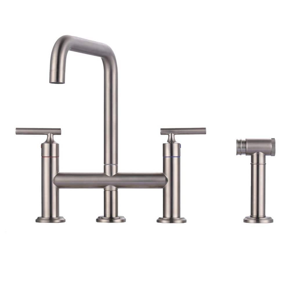 Double Handle Deck Mount Bridge Kitchen Faucet with Side Sprayer in Brushed Nickel price history on PriceWatchPro