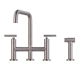 Double Handle Deck Mount Bridge Kitchen Faucet with Side Sprayer in Brushed Nickel