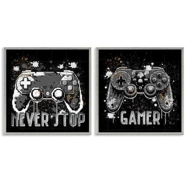 Stupell Industries Never Stop Modern Gamer by Kim Allen 2 Pieces Gray Framed Typography Giclee Art Print 17 in. x 17 in.