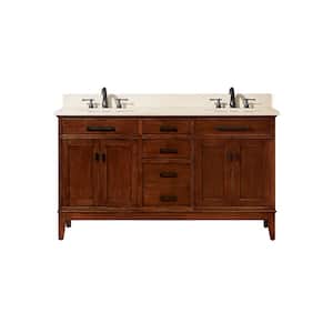 Madison 61 in. W x 22 in. D Bath Vanity in Tobacco with Marble Vanity Top in Crema Marfil with White Basins