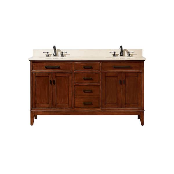 Avanity Madison 61 in. W x 22 in. D Bath Vanity in Tobacco with Marble Vanity Top in Crema Marfil with White Basins