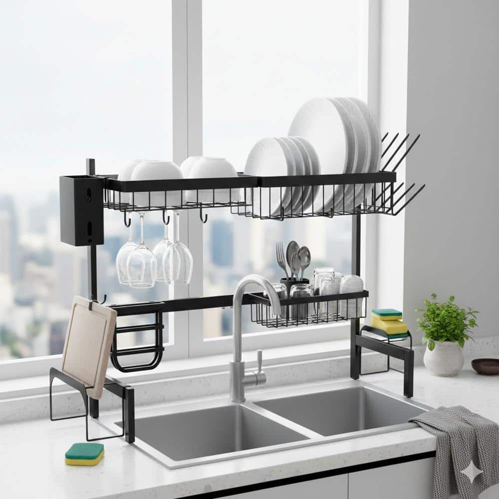 Lynzavix Black Adjustable Over the Sink Metal Dish Rack Large Capacity ...