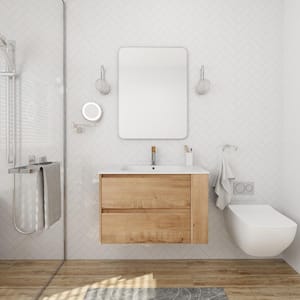 High-quality 30 in. W x 18.1 in. D x 19.4 in. H Floating Bath Vanity in Imitative Oak with White Acrylic Gel Top