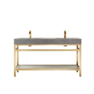 Funes 60 in. W x 22 in. D x 33.9 in. H Double Sink Bath Vanity in Brushed Gold Metal Stand with Grey Sintered Stone Top