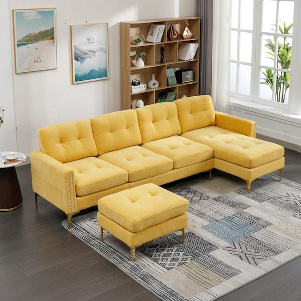110.6 in. Square Arm Velvet L-Shaped Sofa in Yellow with Movable Ottoman
