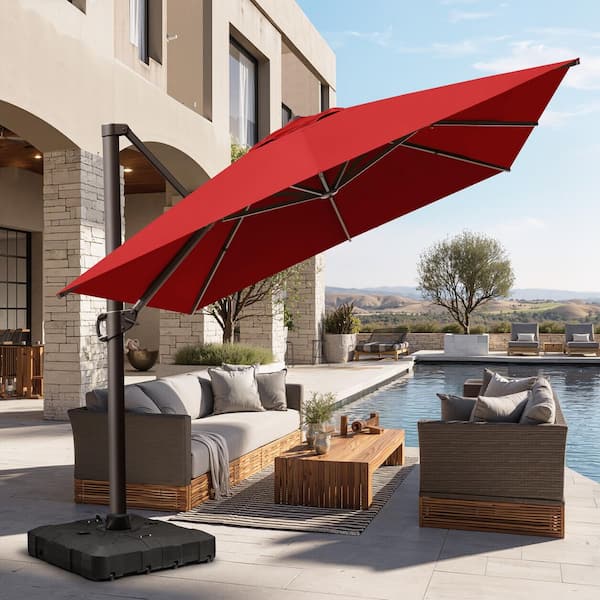 13.5 ft. x 10 ft. Large Outdoor Aluminum 360° Rotation Offset Cantilever Patio Umbrella in Red with 260 lbs. Base