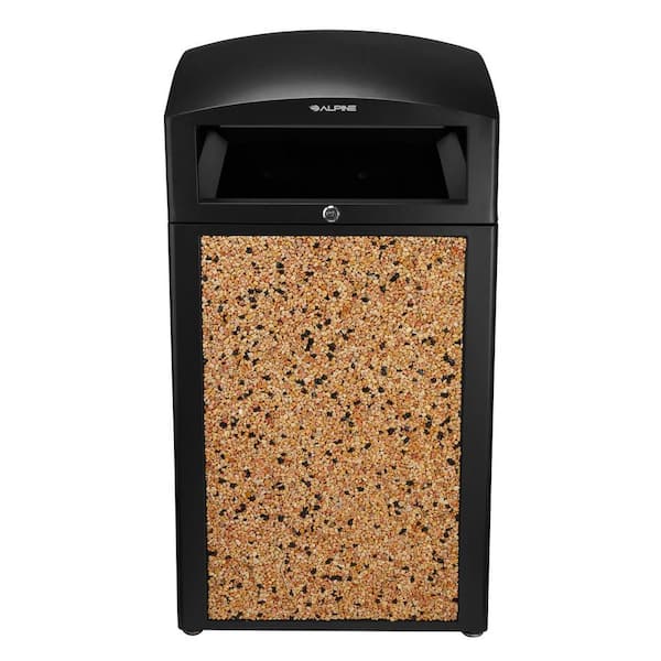Alpine Industries 40 Gal. Beige Stone All-Weather Vented Outdoor Commercial Garbage Trash Can with Lid and Liner