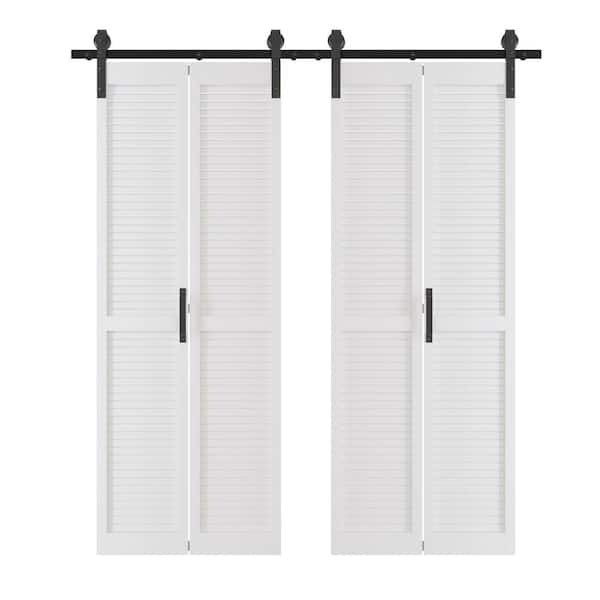TENONER 60 in. x 84 in. (Double 30 in. W Doors) White, Finished MDF, Bi-Fold Style, Louvered Sliding Barn Door with Hardware Kit