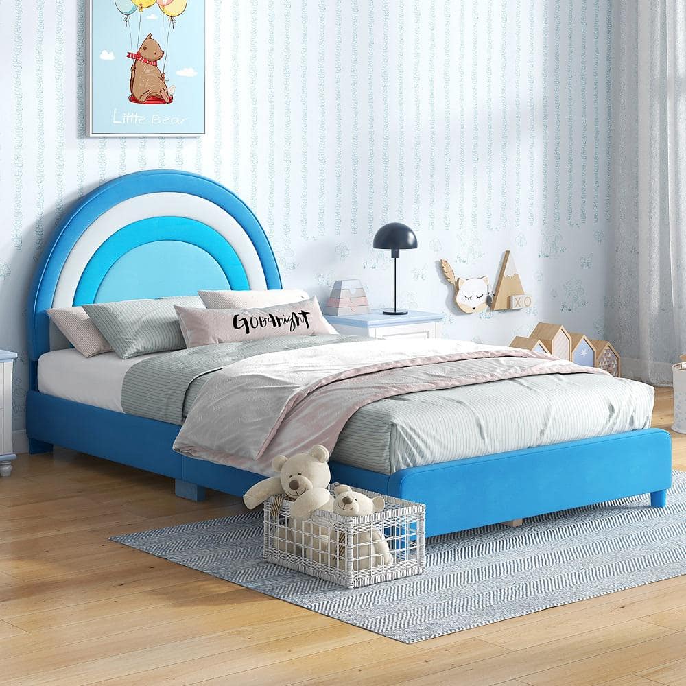 Tangkula Kids Twin Platform Bed Frame Upholstered Twin Size Bed w Wooden Slats Support Blue