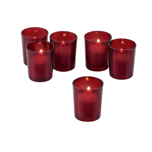 Light In The Dark Red Frosted Glass Round Votive Candle Holders with White Votive Candles (Set of 12)