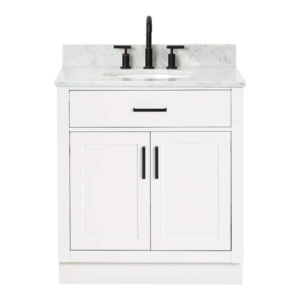 Hepburn 30 in. Single Sink Freestanding Bathroom Vanity in White with 0.75 in. Carrara White Marble Top