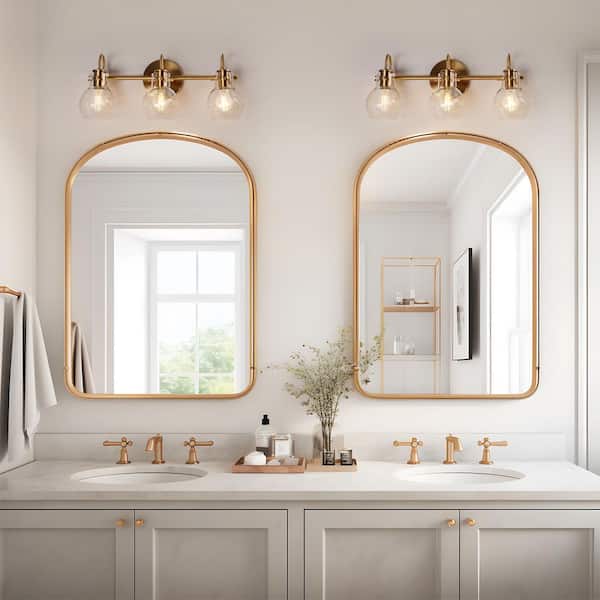 Modern Brass 3-Light Vanity Light 22 in. Linear Powder Room Bathroom Wall Light with Globe Clear Glass Shades