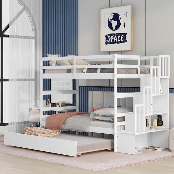 White Twin Over Twin Bunk Bed with Twin Size Trundle and Storage Stairs