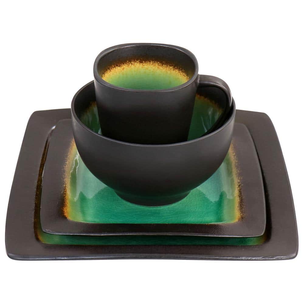 Green Floral Ceramic Square Dinnerware Set, Service for 4