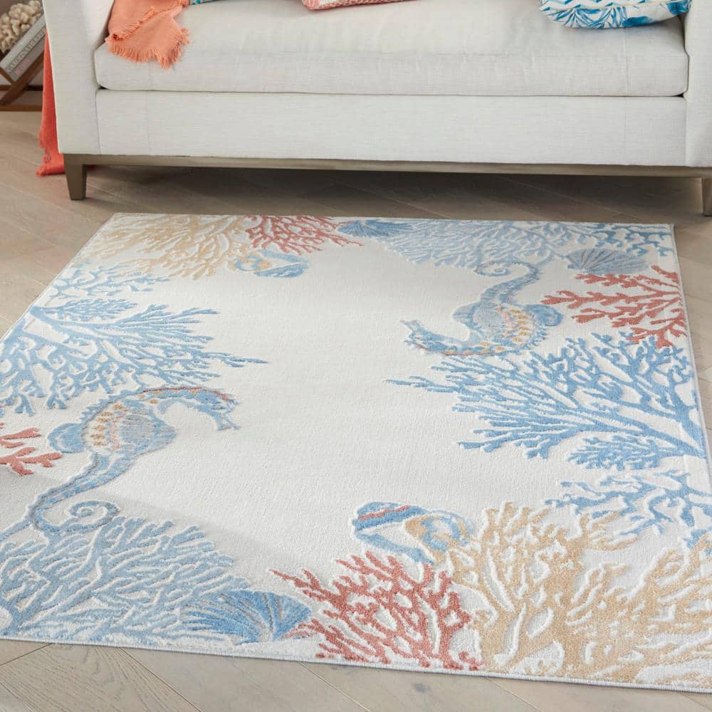Ivory and Multicolor Geometric Nautical 5' x 7' Synthetic Rug