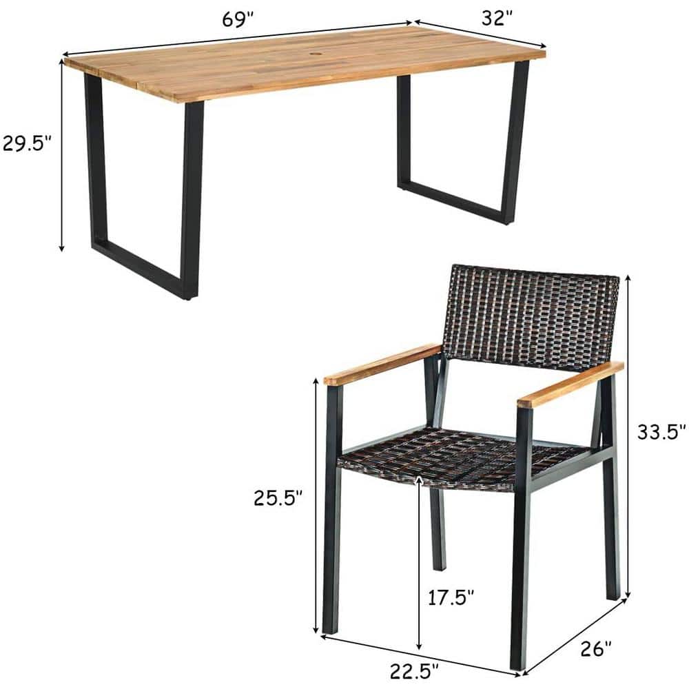 Acacia Wood and Black Metal 6-Person Outdoor Dining Set with Rattan Chairs