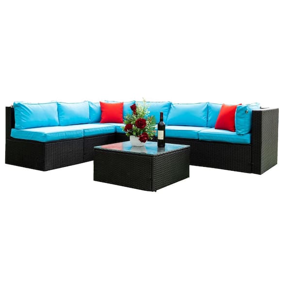 Boosicavelly 5-Pieces Black Wicker Rattan Outdoor U-Shaped Sectional Set with Blue Cushion