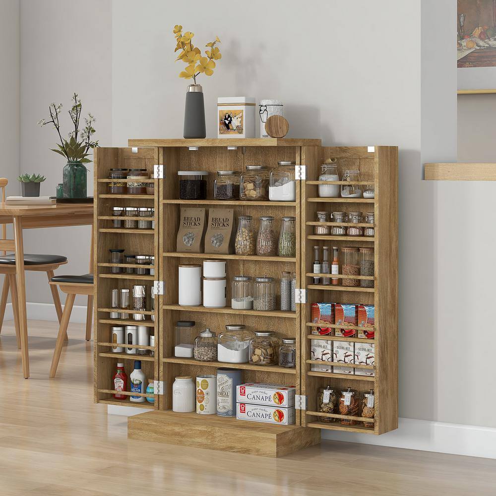 HOMCOM 40.9" Kitchen Pantry Storage Cabinet, Freestanding Kitchen Cabinet with Rattan Doors 5-Tier Shelf 12 Spice Racks Adjustable Shelves Natural