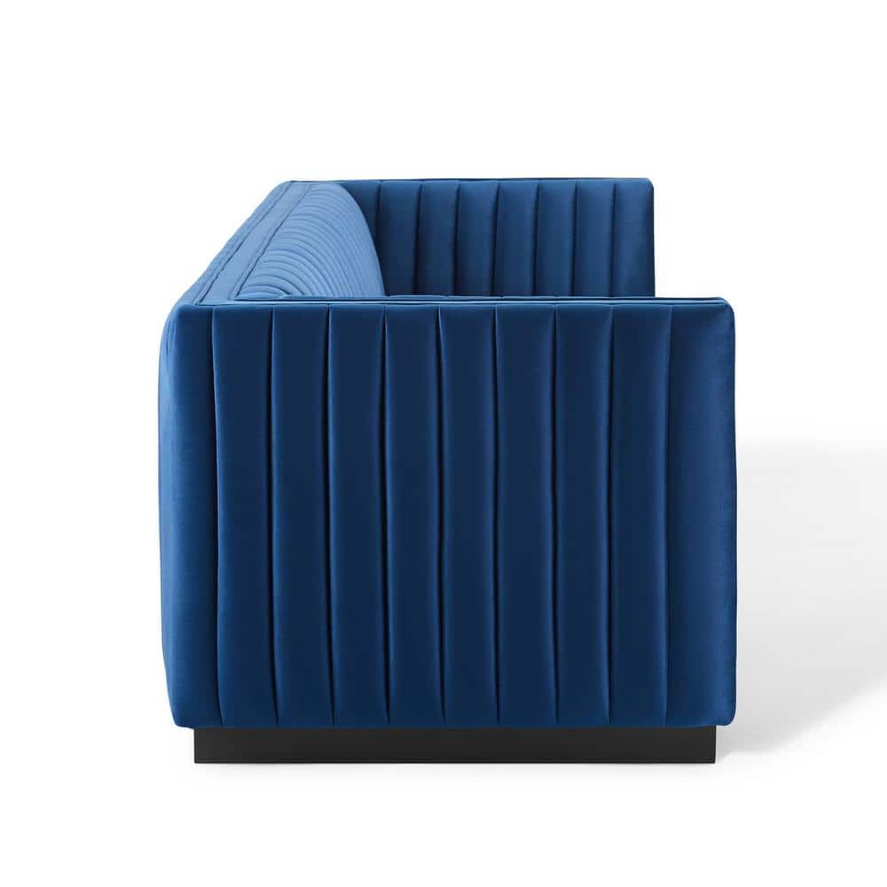 Elegant Navy Velvet Tufted Tuxedo Sofa with Solid Wood Base