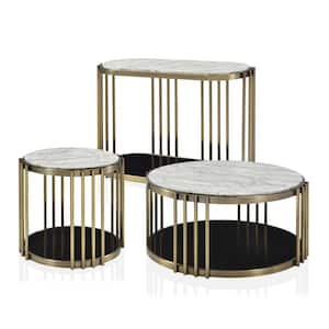 Hexalla 38 in. Antique Brass Plating and Glossy White Round Faux Marble 3-Piece Coffee Table Set