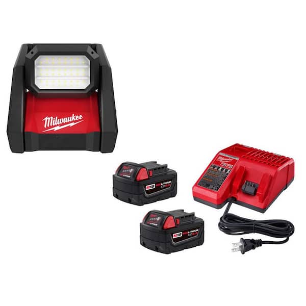 M18 GEN-2 18V Lithium-Ion Cordless 4000 Lumens ROVER LED AC/DC Flood Light w/(2) 5.0Ah Batteries & Charger