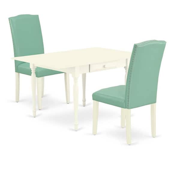 East West Furniture 3-Piece Linen White Finish Rectangular Solid Wood Top with Dropleaf Dining Table Set