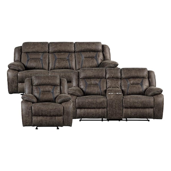 Lazzara Driscoll 84.5 in. W. Pillow Top Arm Microfiber Rectangle 3-Piece Manual Reclining Sofa Set in Dark Brown