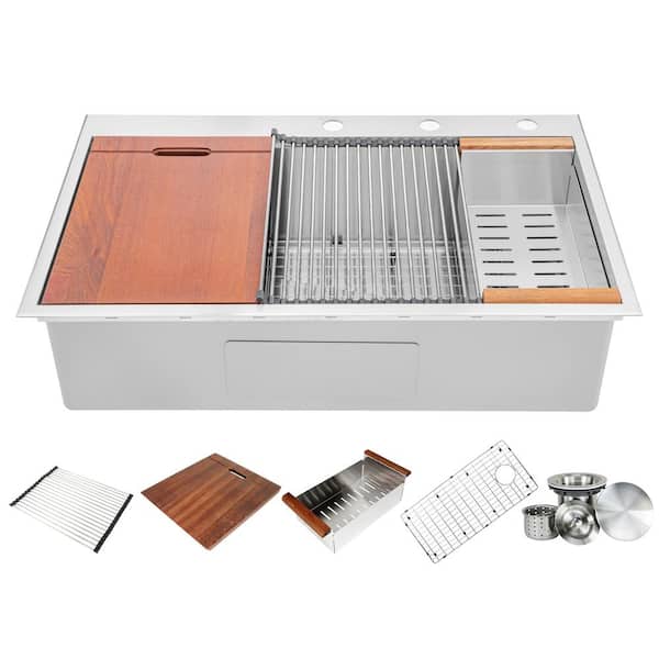 16-Gauge Stainless Steel 36 in. Single Bowl Drop-In Workstation Kitchen Sink with Accessories