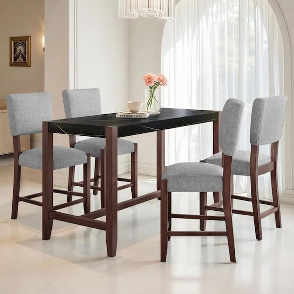 Virelle Modern 5-Piece 36.2 in. H Rectangle Wood Top Dining Bar Table Set with Upholstered Counter Stools, Black + Gray