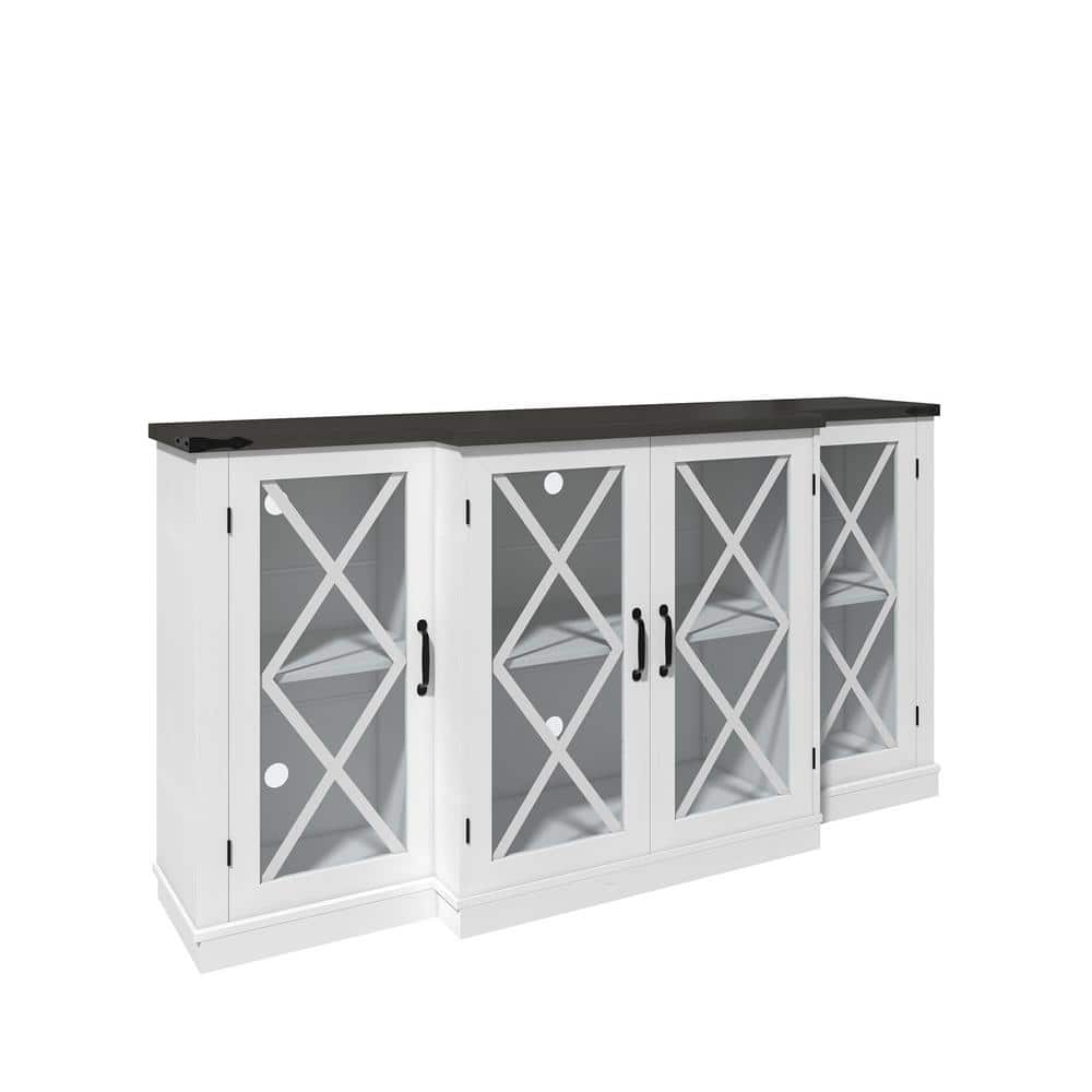White Farmhouse 63" TV Stand with Glass Cabinet Doors