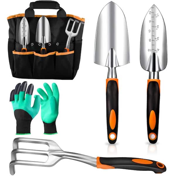 AUTMOON 5-Piece Garden Tool Set - Ergonomic Gardening Hand Tools Kit Includes Transplanter, Trowel, Rake, Bag, and Gloves