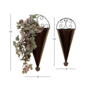 15in. Medium Black Metal Scroll Indoor Outdoor Cone Wall Planter (2- Pack)