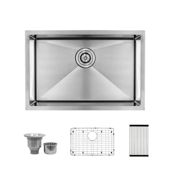 27 in. Undermount Single Bowl 18 Gauge Stainless Steel Kitchen Sink with Roll Out Dry Rack and Bottom Grid