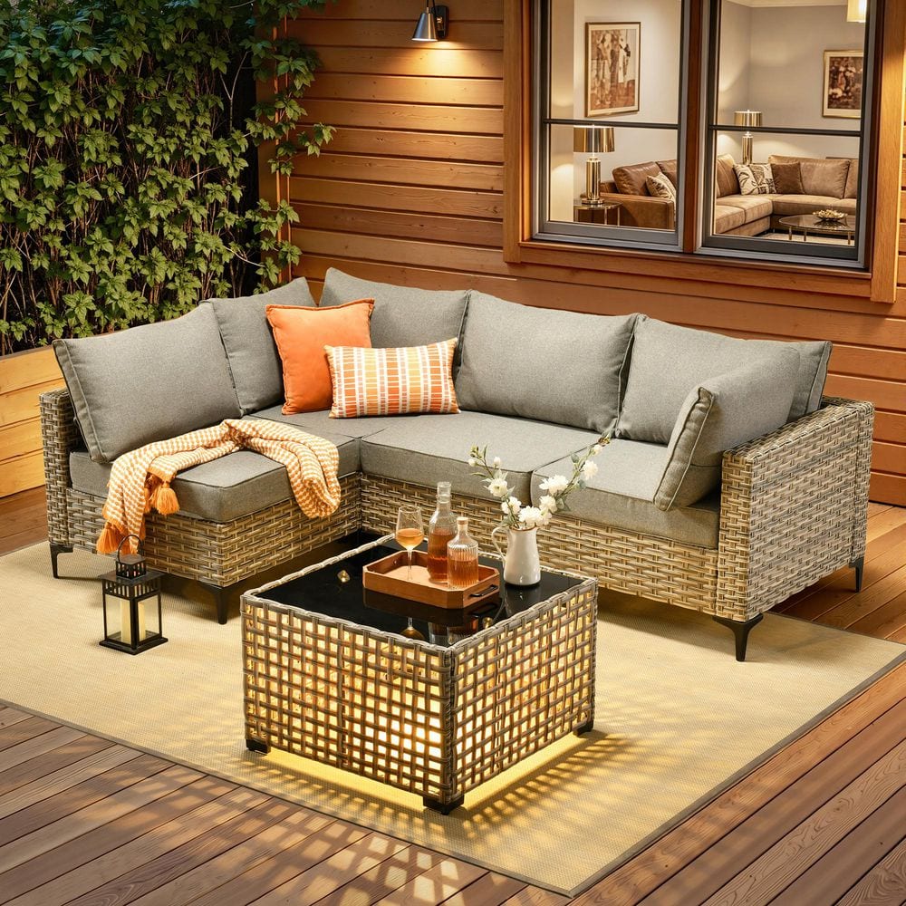 5-Piece Wicker Outdoor Sectional Sofa Set with Solar Light Coffee Table and Dark Gray Cushions for Backyard and Deck price history on PriceWatchPro