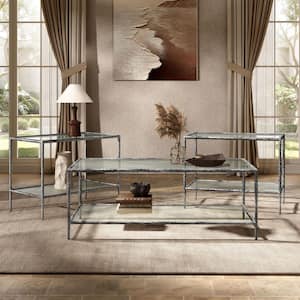 Parto Modern 47.2 in. Forged Metal Gray Rectangle Glass Top Coffee Table Set With Shelf 3-Pieces