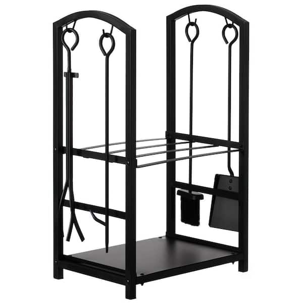 Indoor and Outdoor Patio Iron Firewood Log Cart with Fireplace Tool Rack, Black