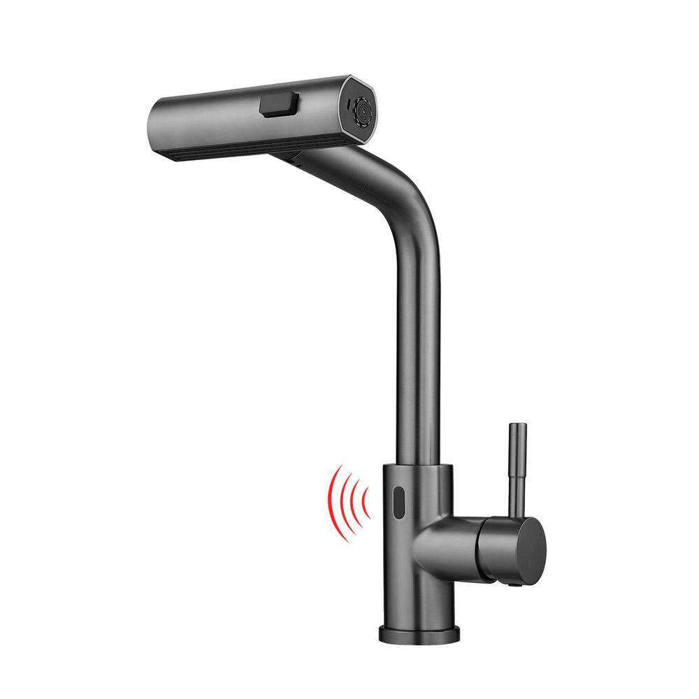 Single Handle Pull Out Sprayer Touchless Kitchen Faucet Stainless Steel Single Hole Kitchen Basin Taps in Gray