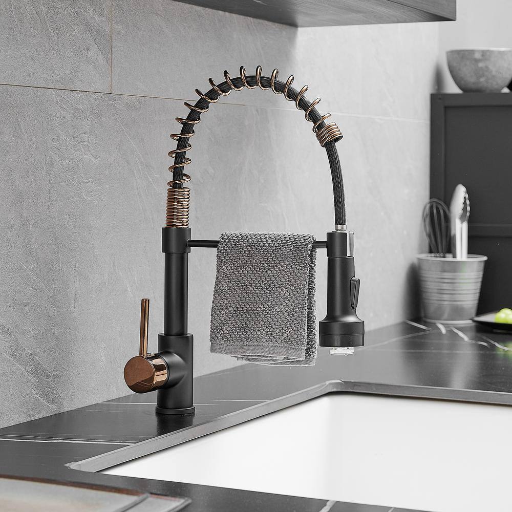 Matte Black and Rose Gold Pull Down Kitchen Faucet with LED Light