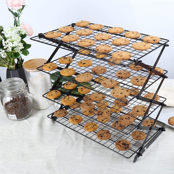 Collapsible 4-Tier Black Cooling Rack, Adjustable Stackable Roasting Cooking Drying Wire Cooling Rack for Cookies Baking