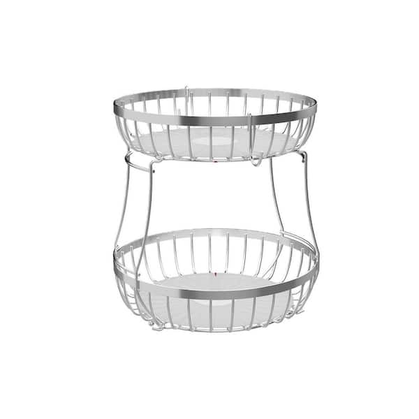 1 Piece 2-Tier Silver Fruit Basket with 2 Banana Hangers Set Metal Stackable for Kitchen Counter Fruit Vegetable Storage