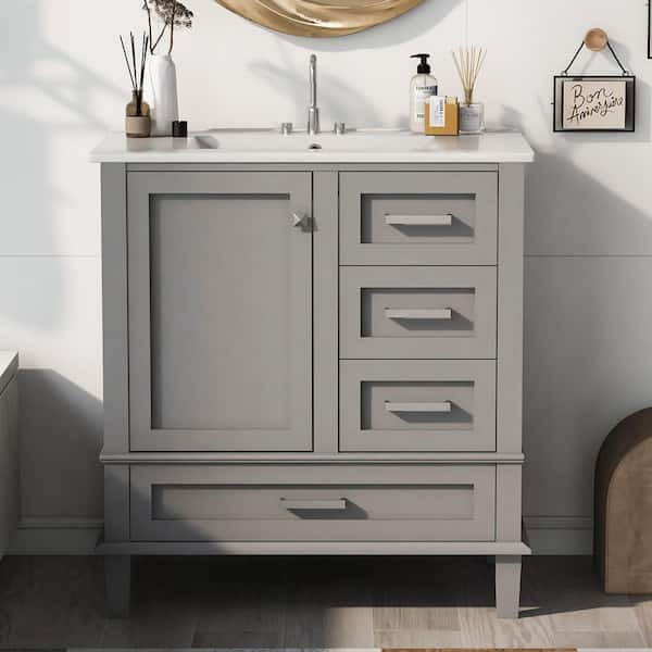 Unbranded 30 in. W x 18 in. D x 34 in. H Single Sink Freestanding Bath Vanity in Gray with White Ceramic Top
